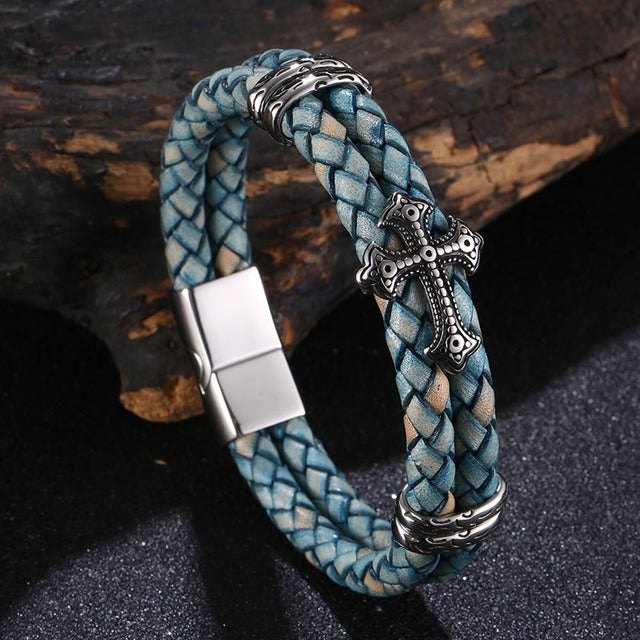 Luxury Multicolor Cross Design Stainless Steel Leather Bracelet