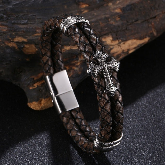 Luxury Multicolor Cross Design Stainless Steel Leather Bracelet