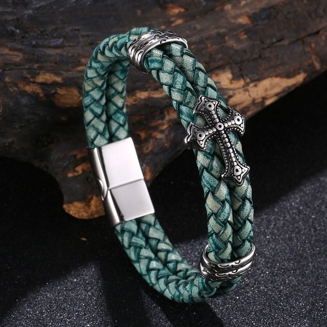 Luxury Multicolor Cross Design Stainless Steel Leather Bracelet