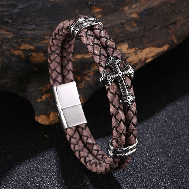 Luxury Multicolor Cross Design Stainless Steel Leather Bracelet