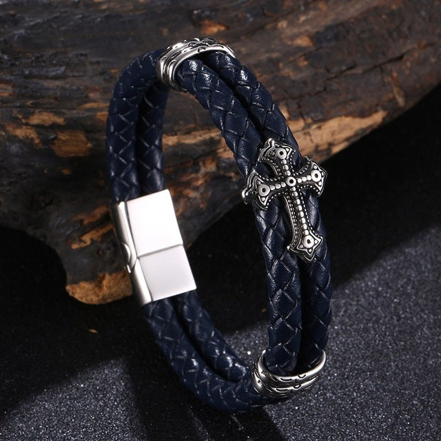 Luxury Multicolor Cross Design Stainless Steel Leather Bracelet