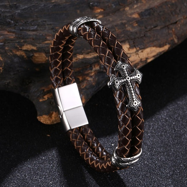 Luxury Multicolor Cross Design Stainless Steel Leather Bracelet