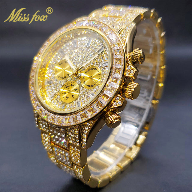 Luxury Gold Waterproof Stainless Steel Iced Watch