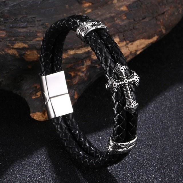 Luxury Multicolor Cross Design Stainless Steel Leather Bracelet