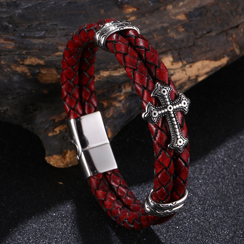 Luxury Multicolor Cross Design Stainless Steel Leather Bracelet